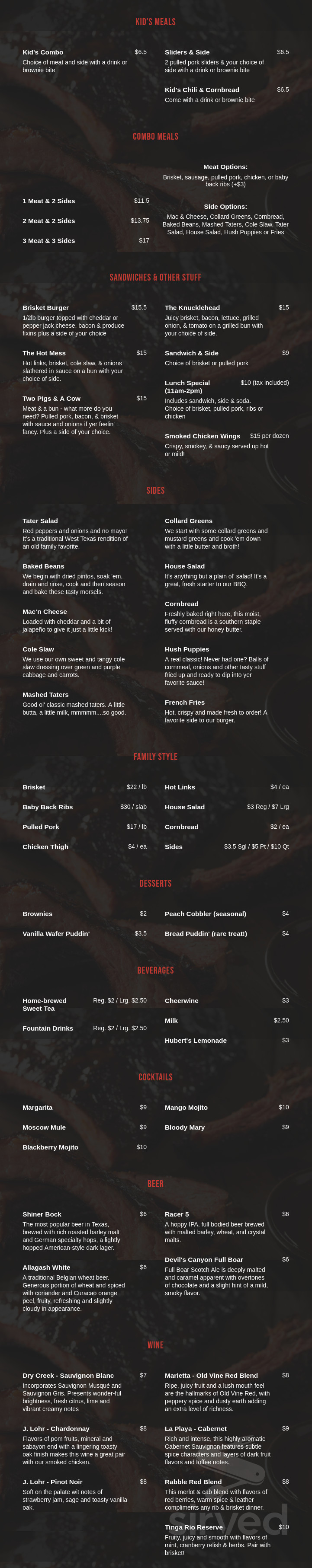 Bonehead's Texas BBQ menu in Lafayette, California