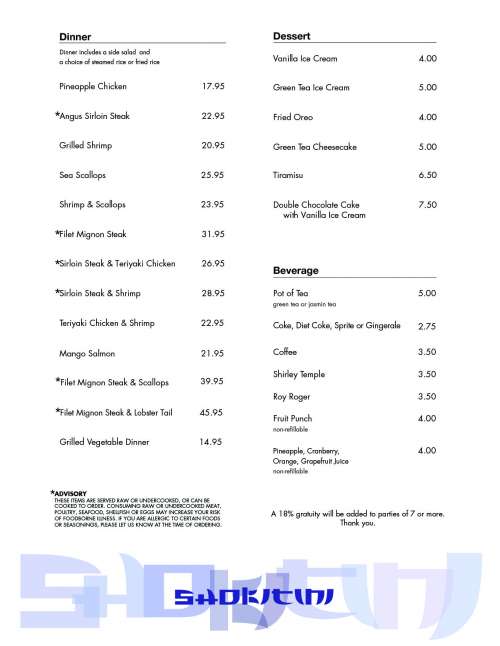 Shokitini menu in Athens, Georgia, USA