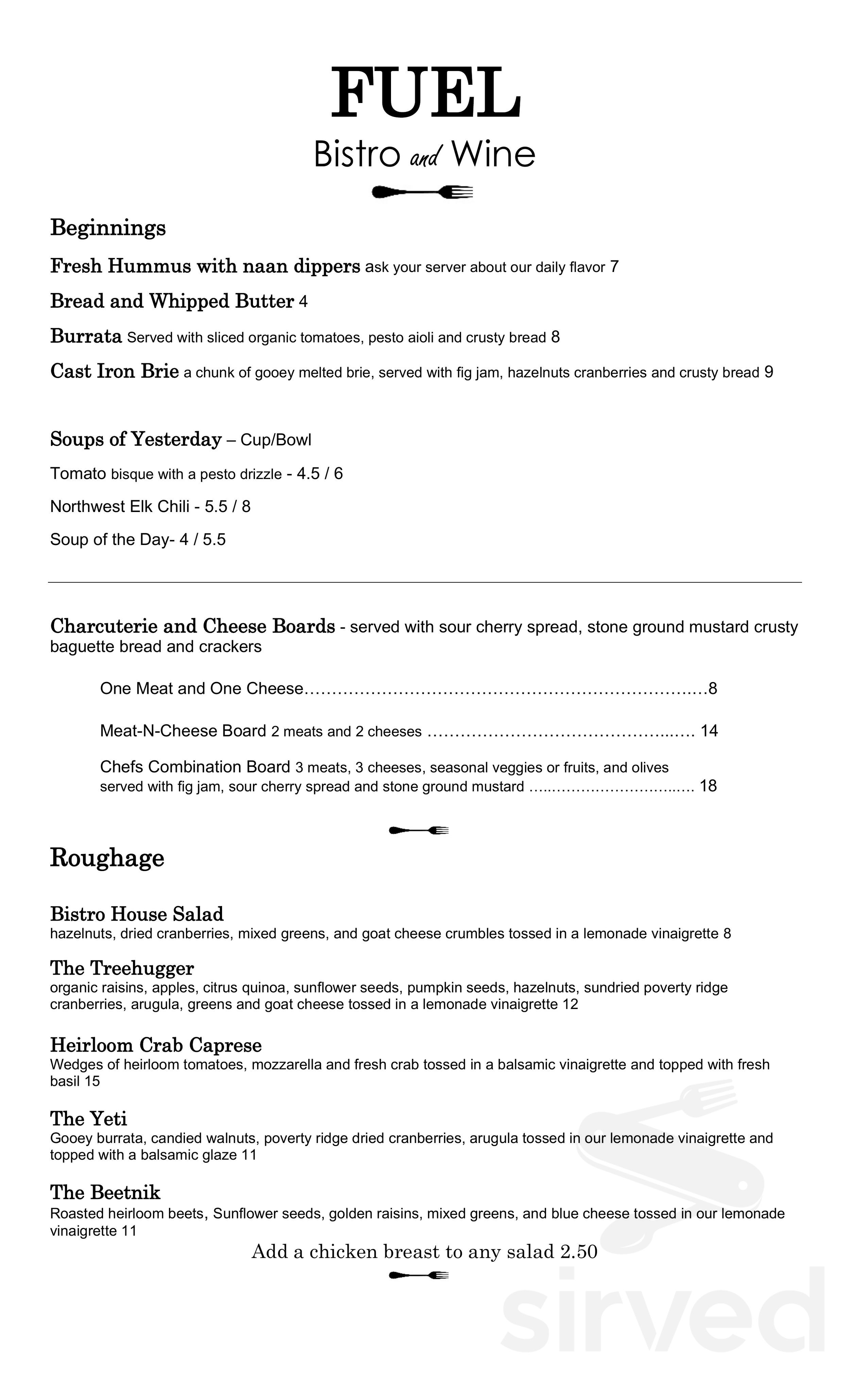 Fuel Bistro & Wine menu in Ridgefield, Washington