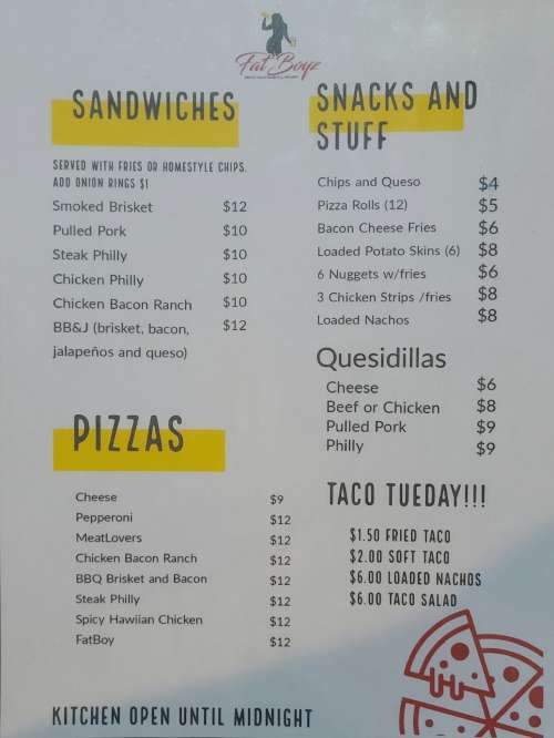 Fatboyz menu in Garden City, Missouri, USA