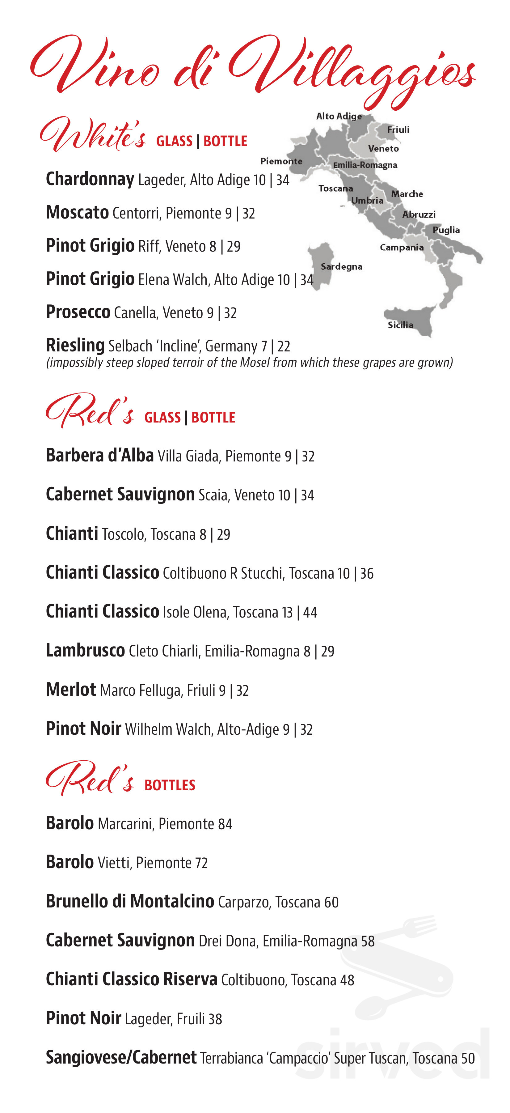 Mojo Rosa's drink menu in Egg Harbor, Wisconsin