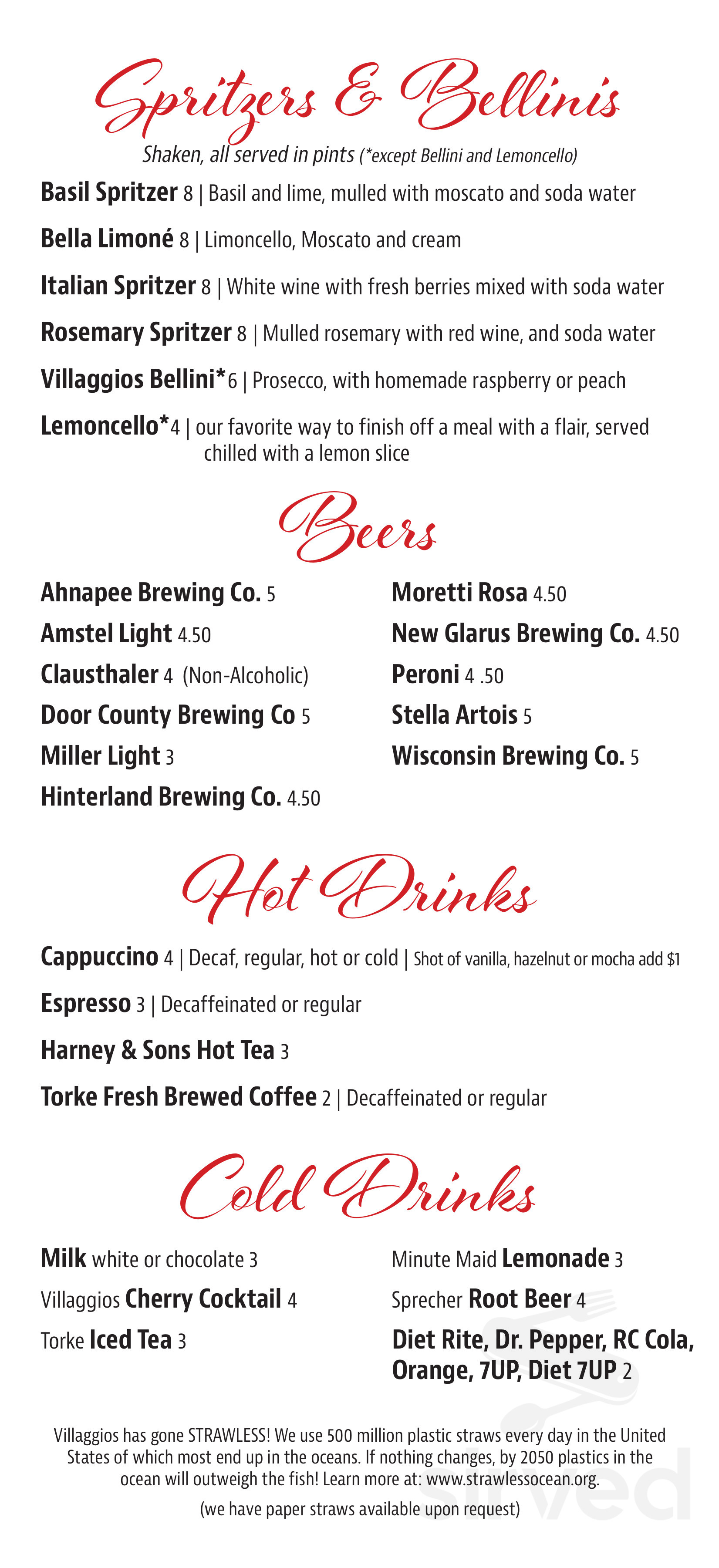 Mojo Rosa's drink menu in Egg Harbor, Wisconsin
