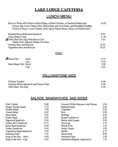 Wylie's Canteen at Lake Lodge menu in Yellowstone National Park