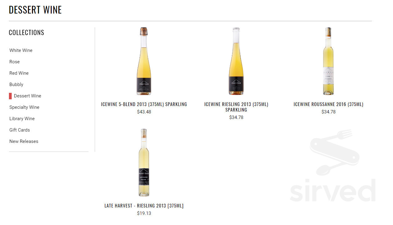 Pentâge Winery menus in Penticton, British Columbia, Canada