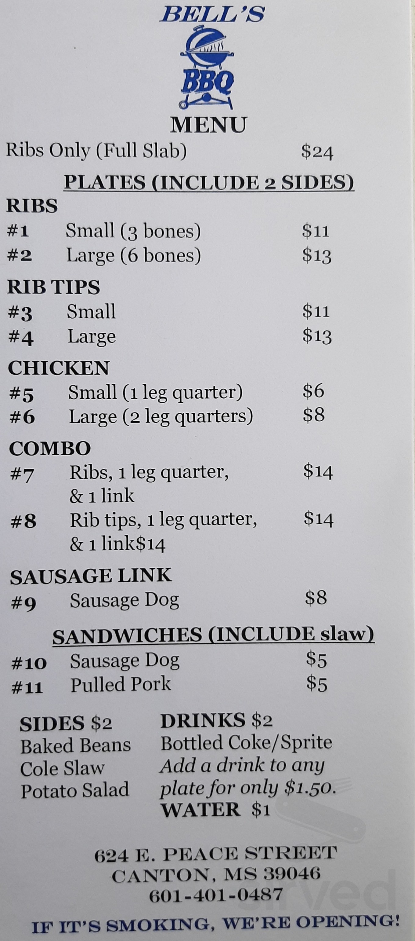 Bell's BBQ menu in Canton, Mississippi, USA