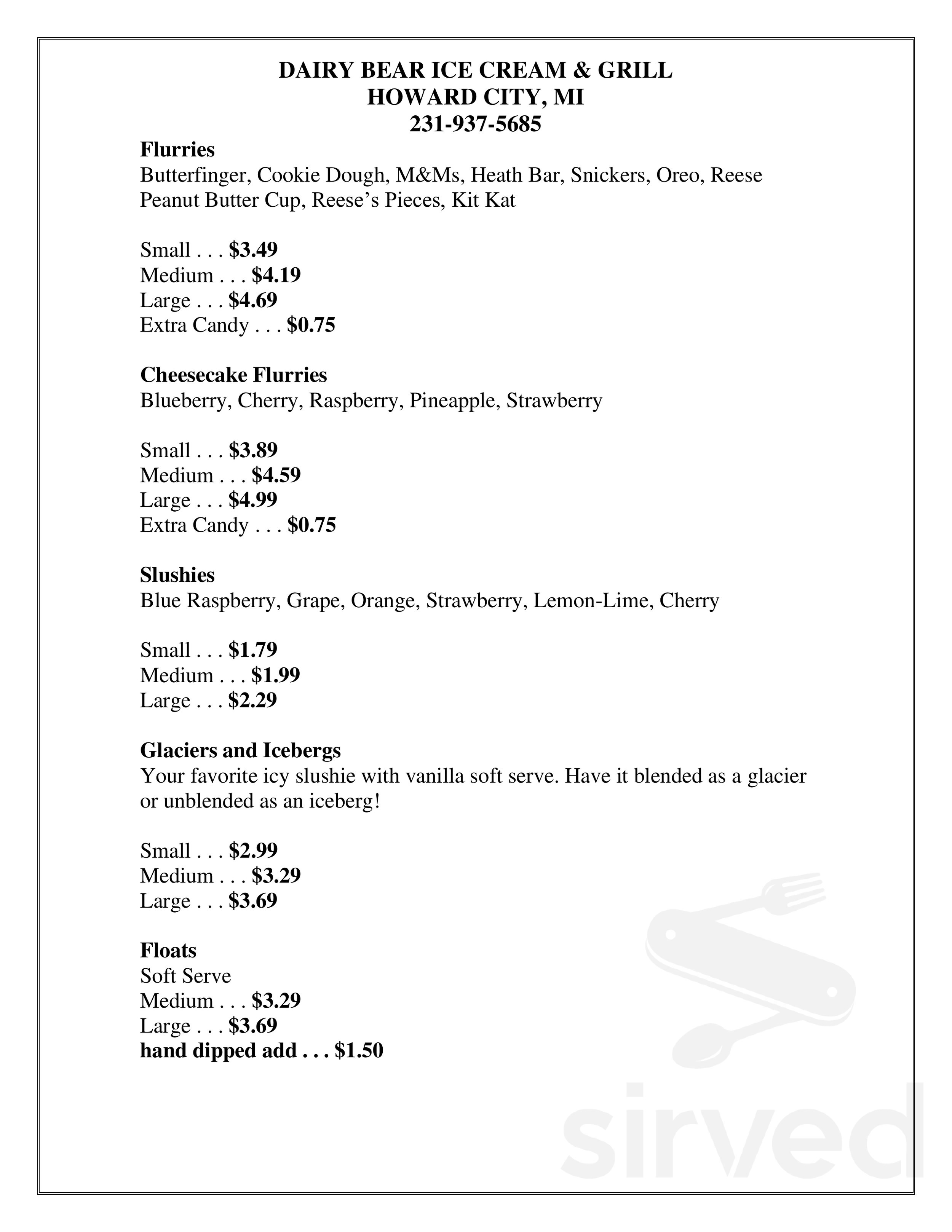 Dairy Bear menus in Howard City, Michigan, United States