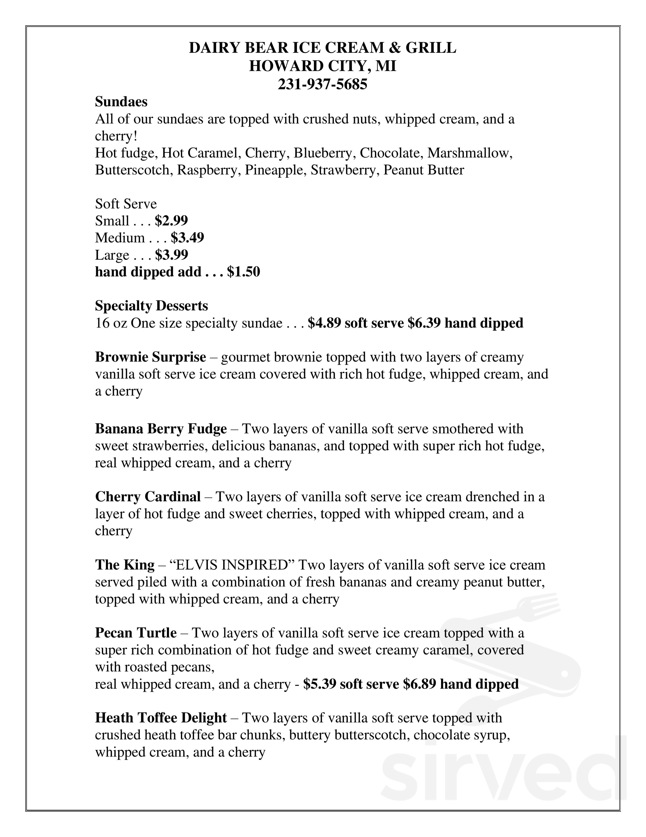 Dairy Bear menus in Howard City, Michigan, United States