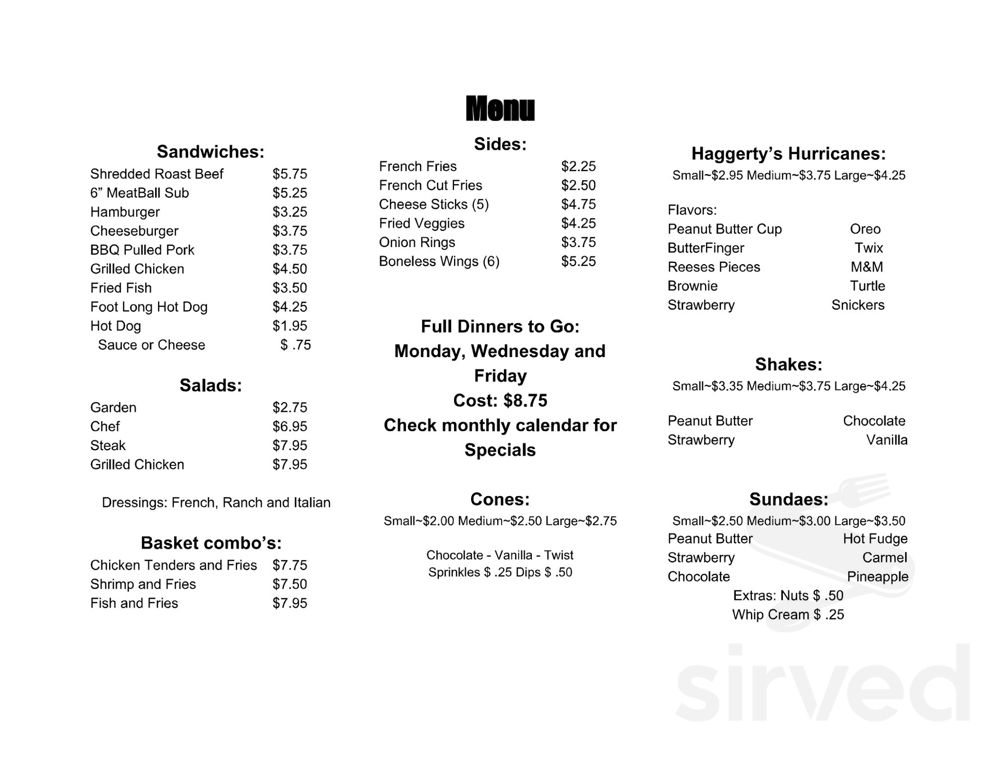 Dotty Haggerty's Ice Cream and More menus in Franklin, Pennsylvania