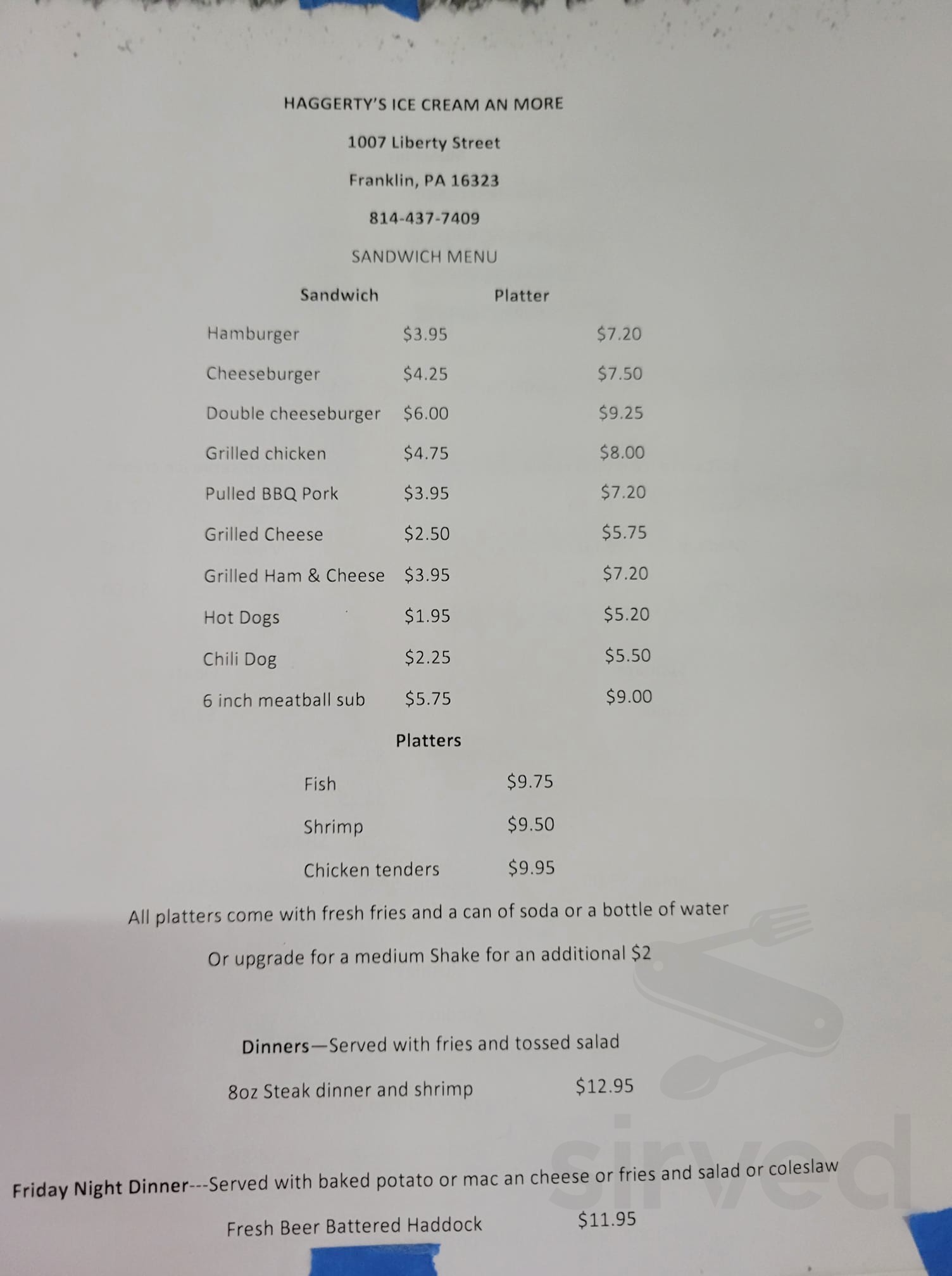 Dotty Haggerty's Ice Cream and More menu in Franklin, Pennsylvania, USA