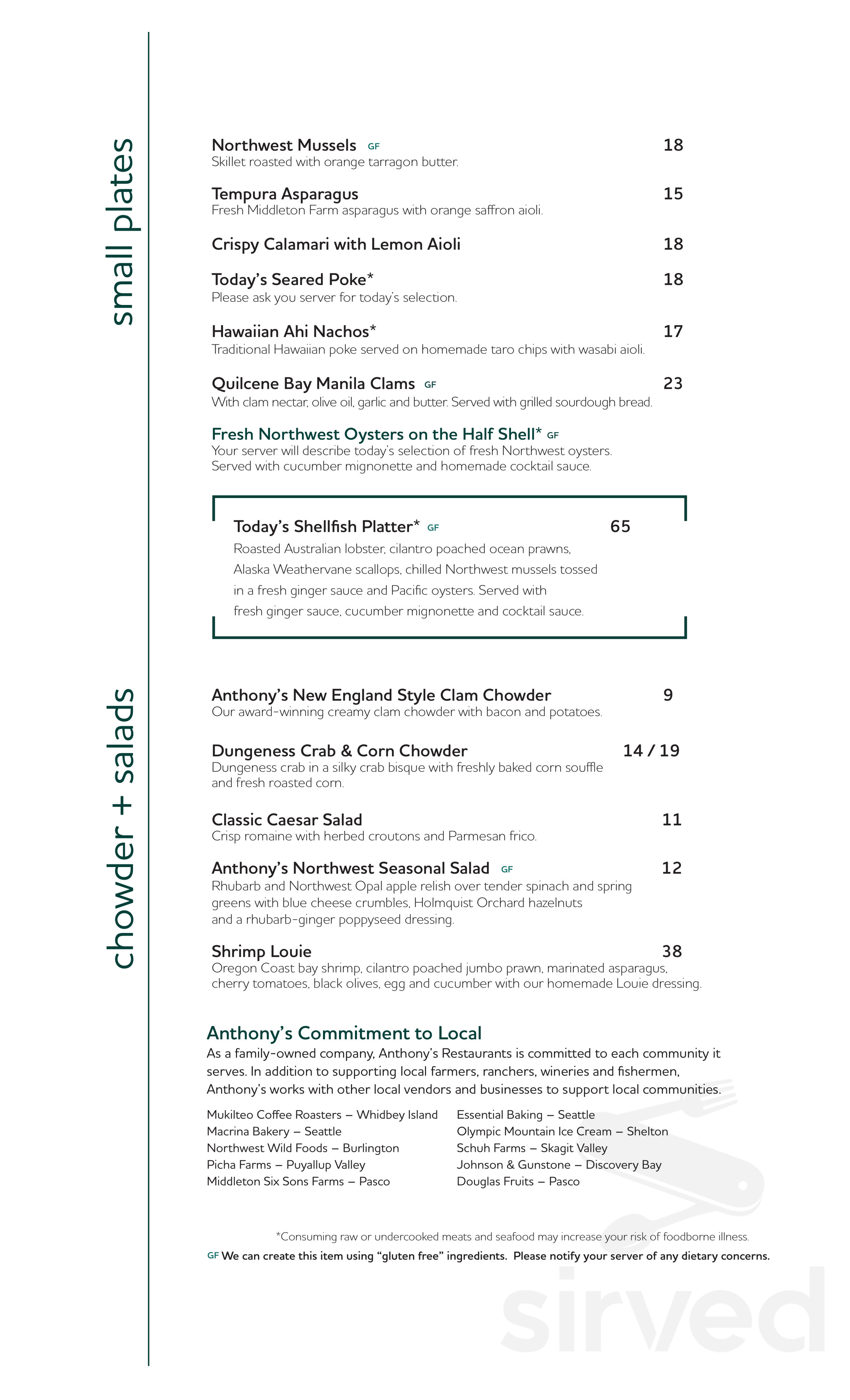 Menu for Anthony's Pier 66 & Bell Street Diner in Seattle, WA | Sirved