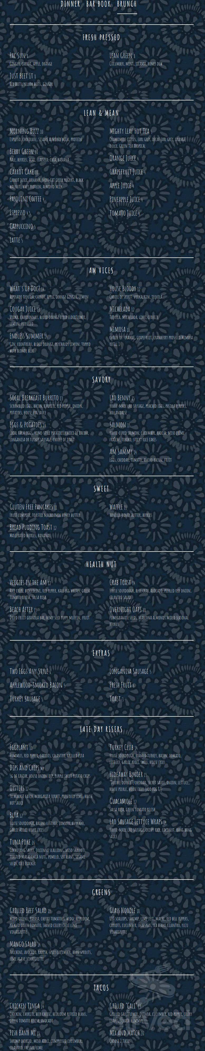 Pacific Hideaway brunch menu in Huntington Beach, California