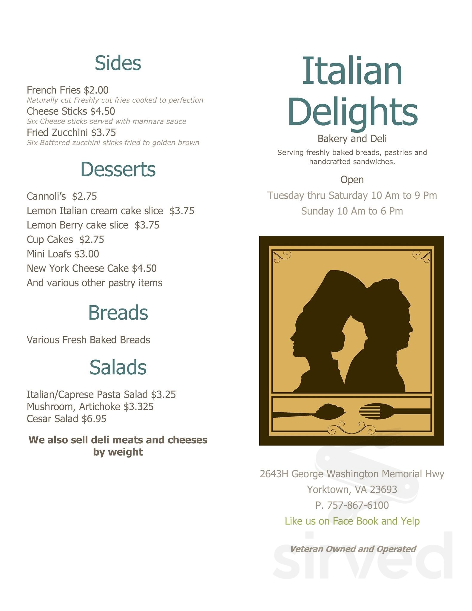 Italian Delights Bakery & Deli menu in Yorktown, Virginia, USA