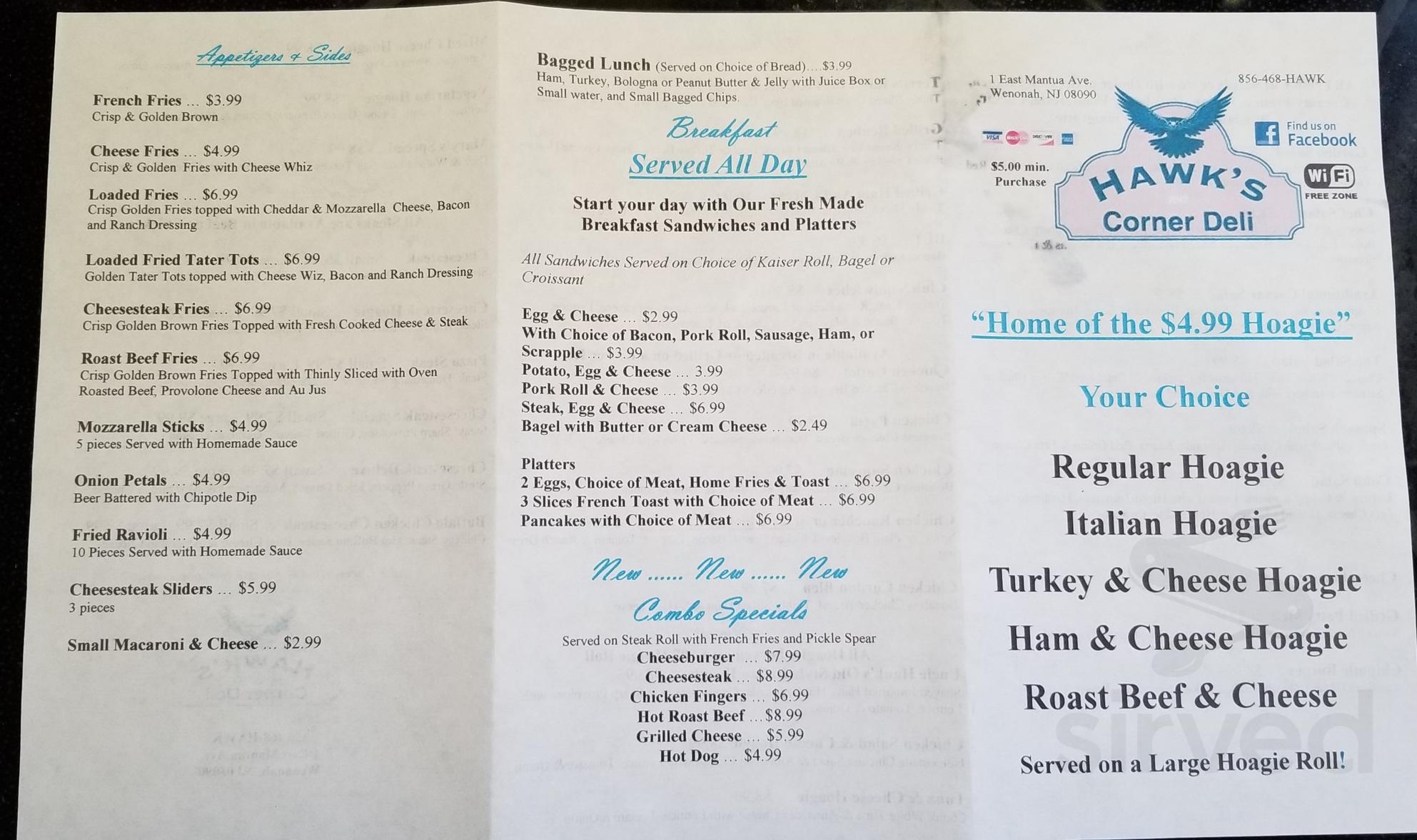 Menu for Hawk's Corner Deli in Wenonah, NJ Sirved