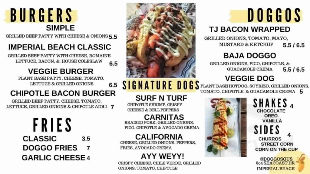 Doggosgus menu in Imperial Beach, California