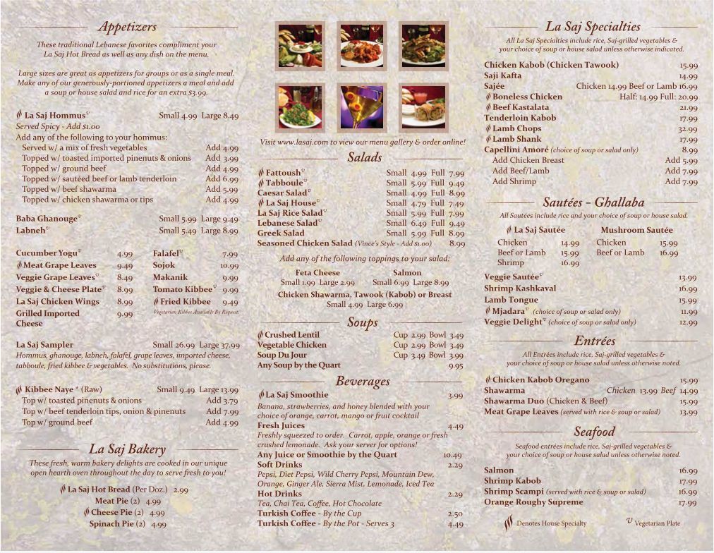 Menu - Sterling Heights MI's La Saj Lebanese Bistro | Sirved