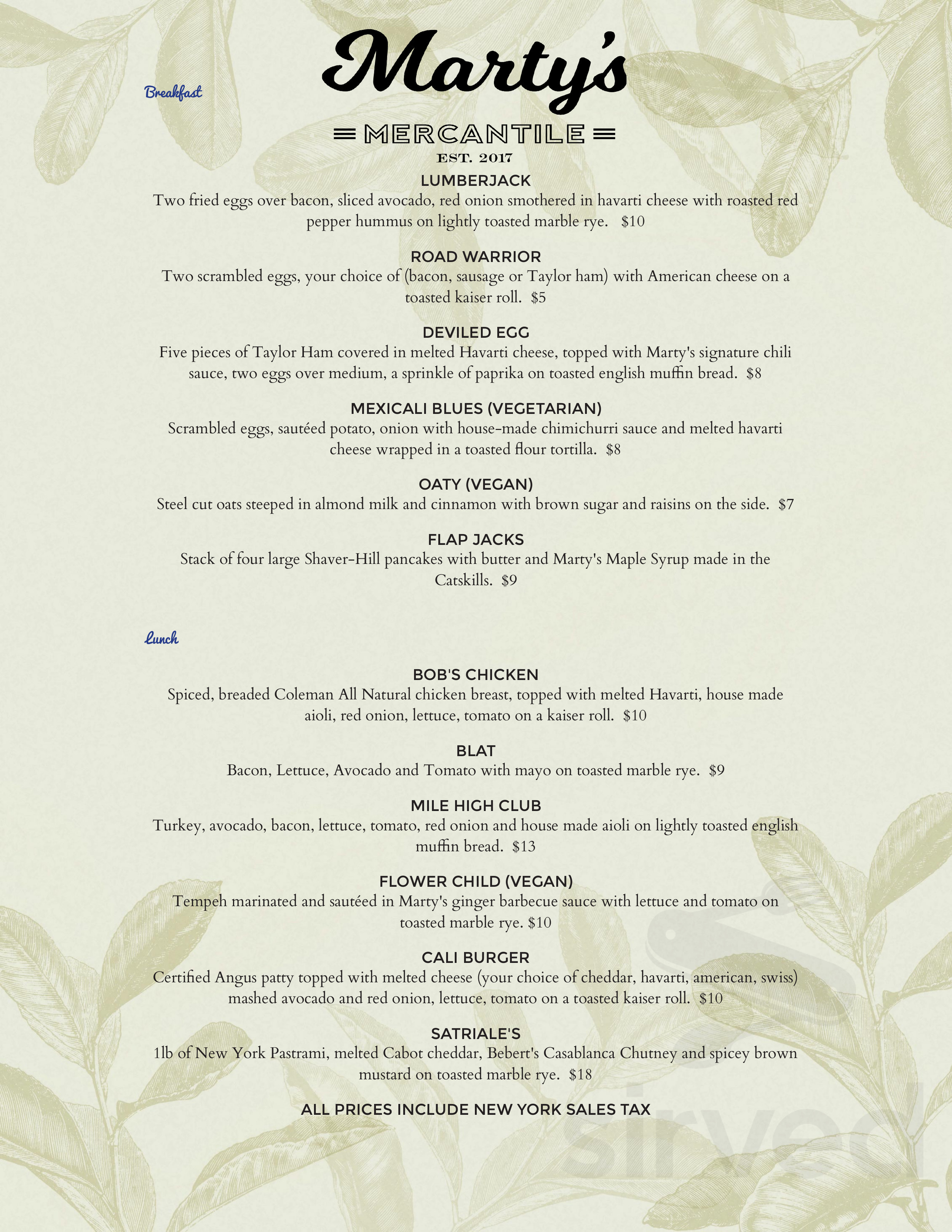 Marty's Mercantile menu in West Shokan, New York, USA