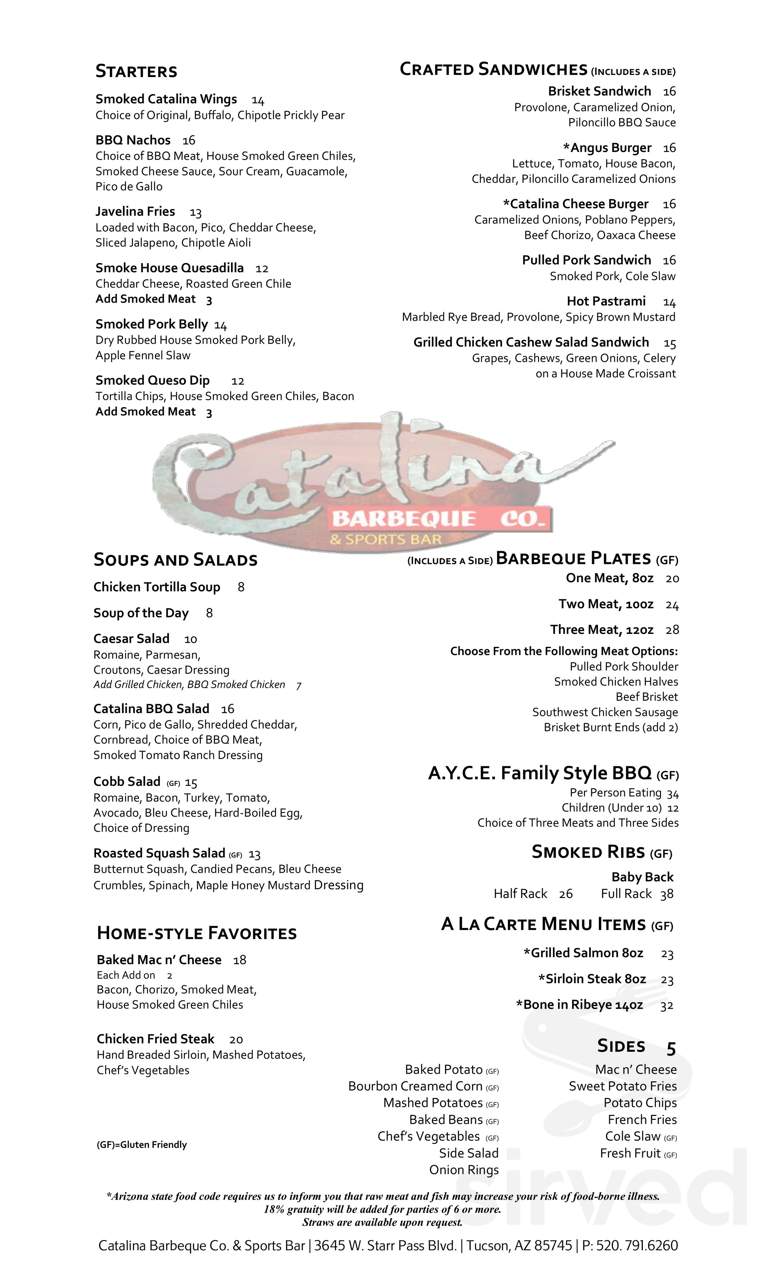 Catalina Barbeque Co. & Sports Bar menu in Tucson, Arizona, USA