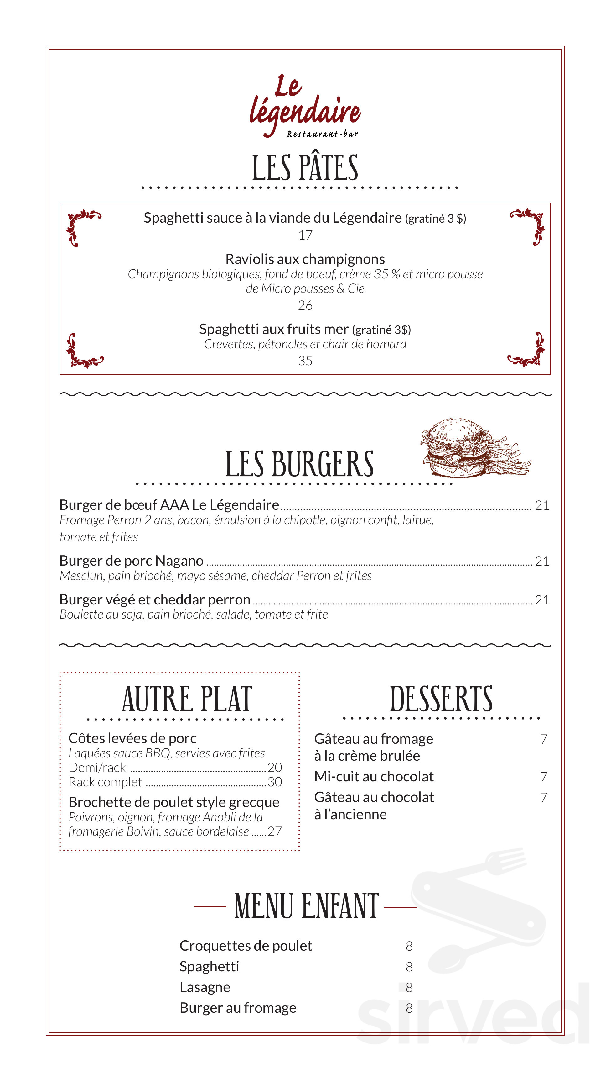 Restaurant Bar Le Legendaire menu in Chicoutimi, Quebec, Canada