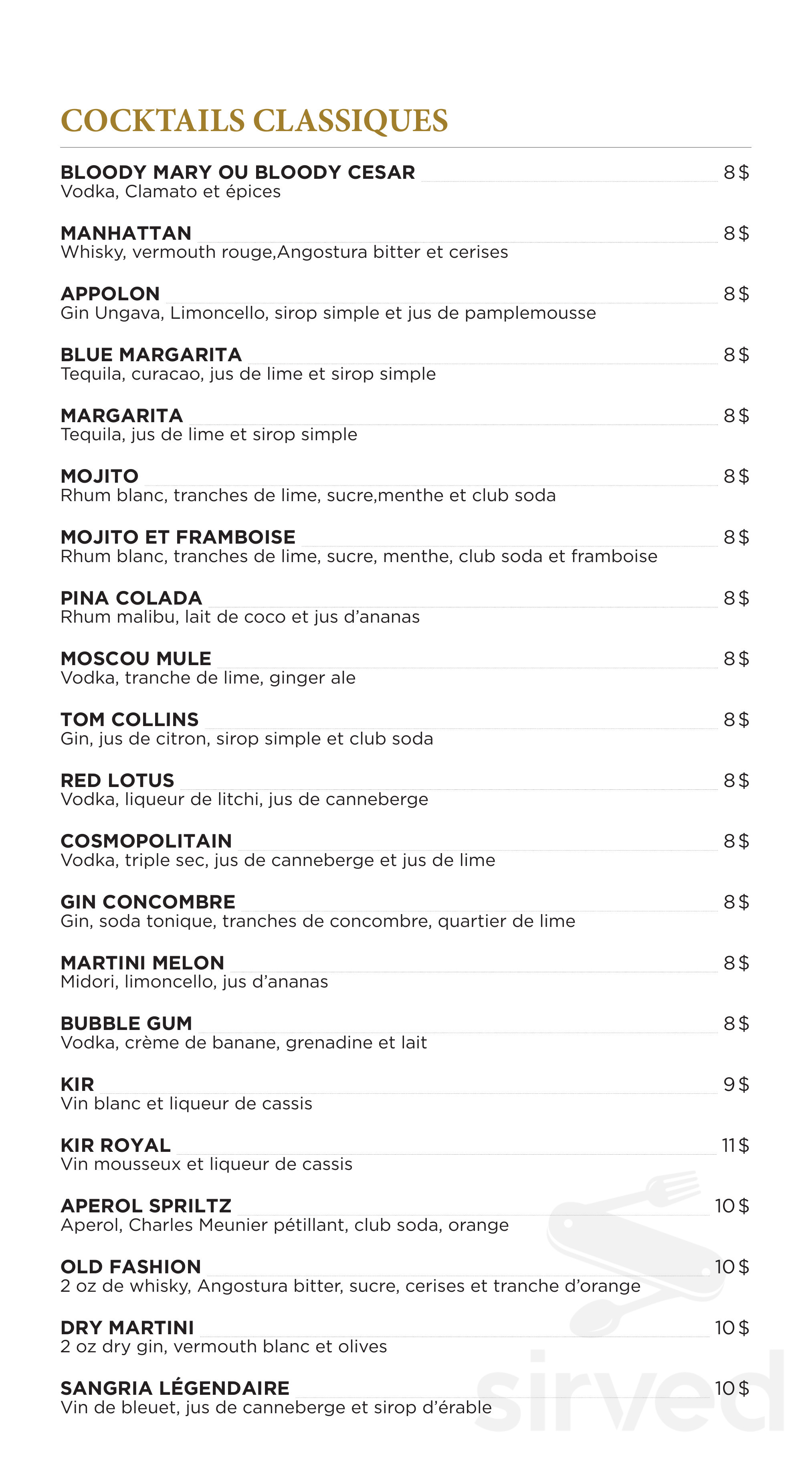 Restaurant Bar Le Legendaire menus in Chicoutimi, Quebec, Canada