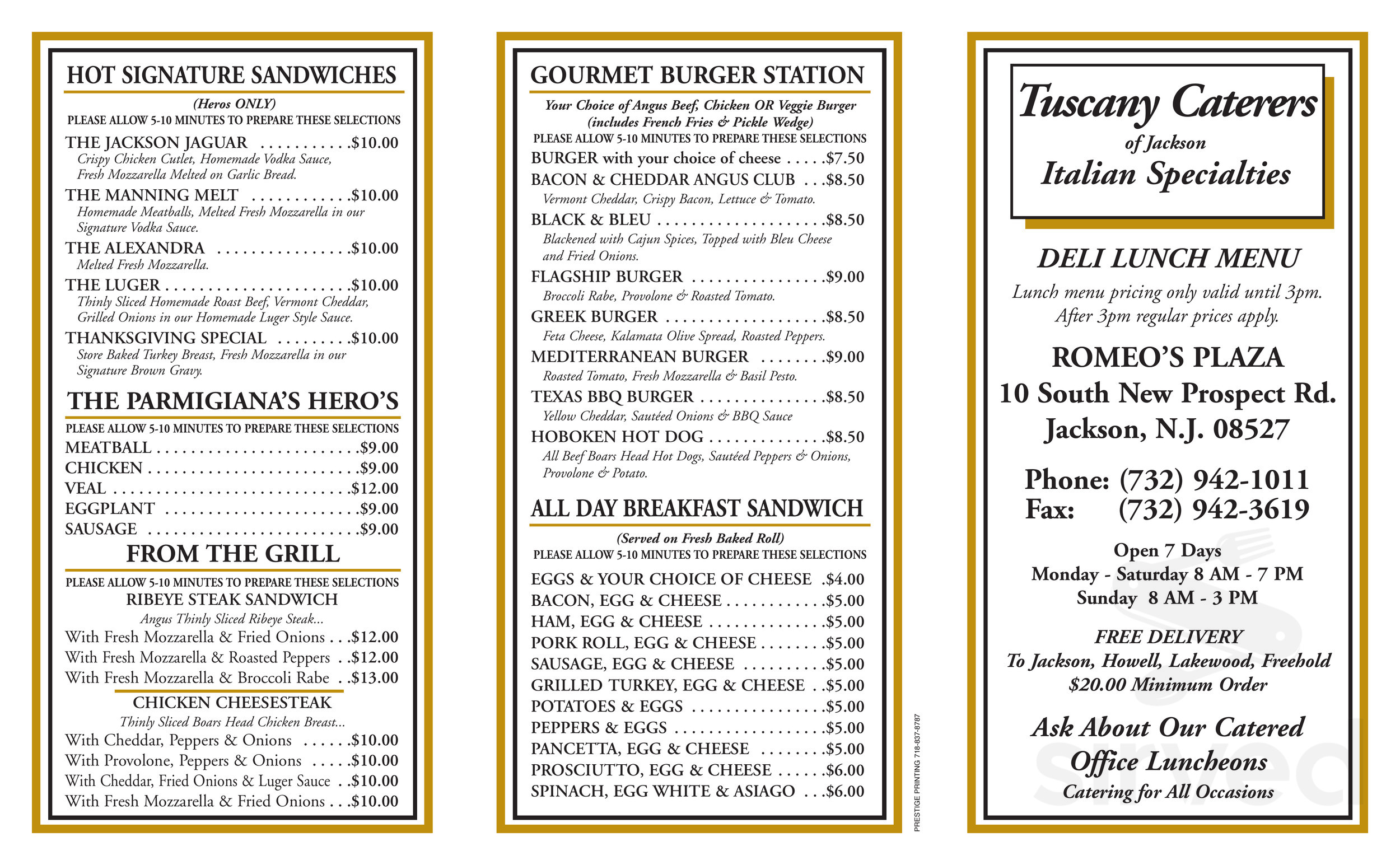 Menu Jackson Township NJ's Tuscany Italian Market Sirved