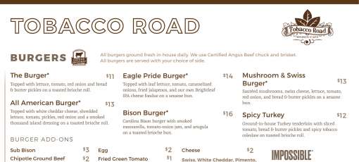 tobacco road raleigh menu Menu for Tobacco Road Sports Cafe in Durham, NC