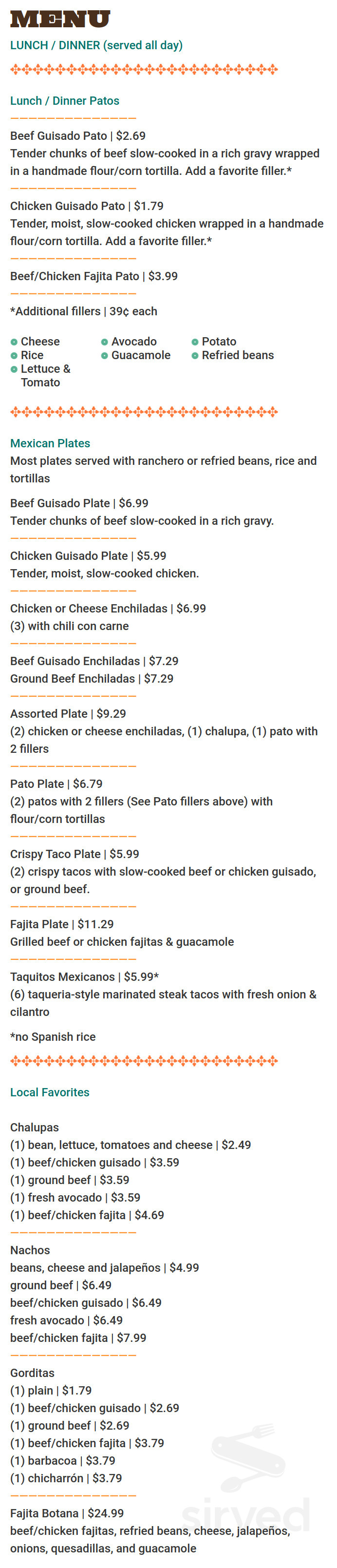 El Pato Mexican Food menu in McAllen, Texas, USA