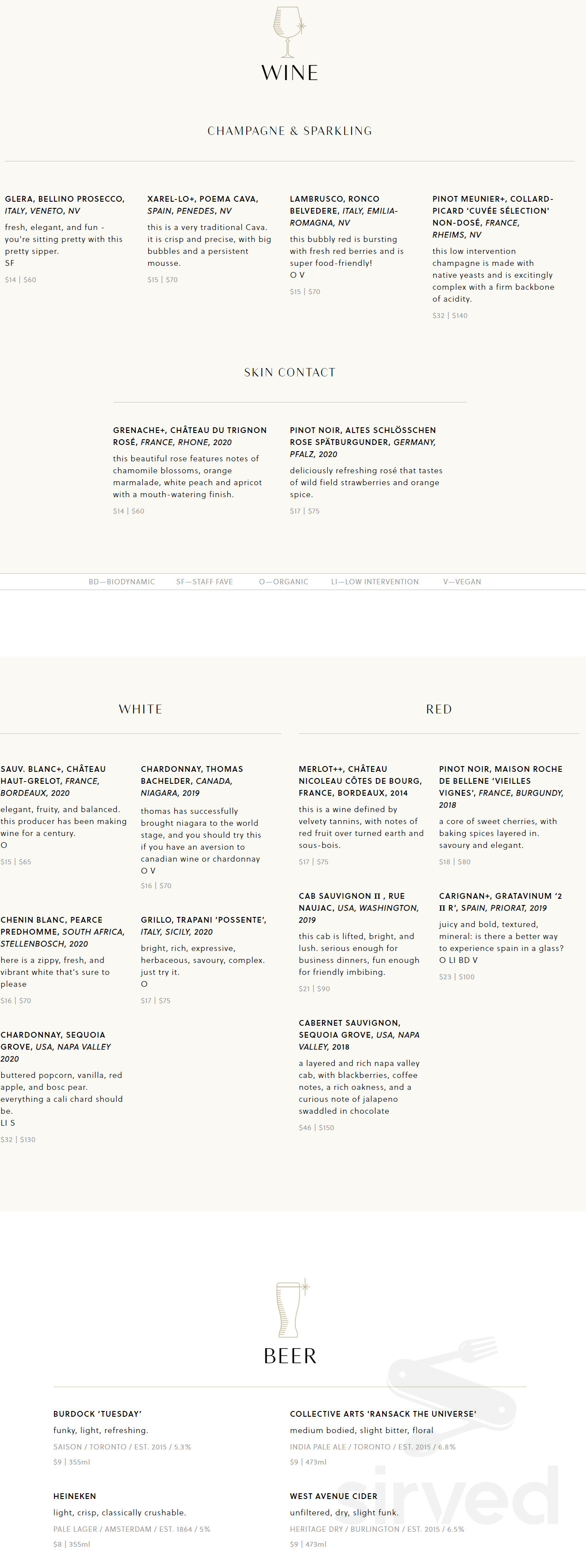 Vela menu in Toronto, Ontario, Canada