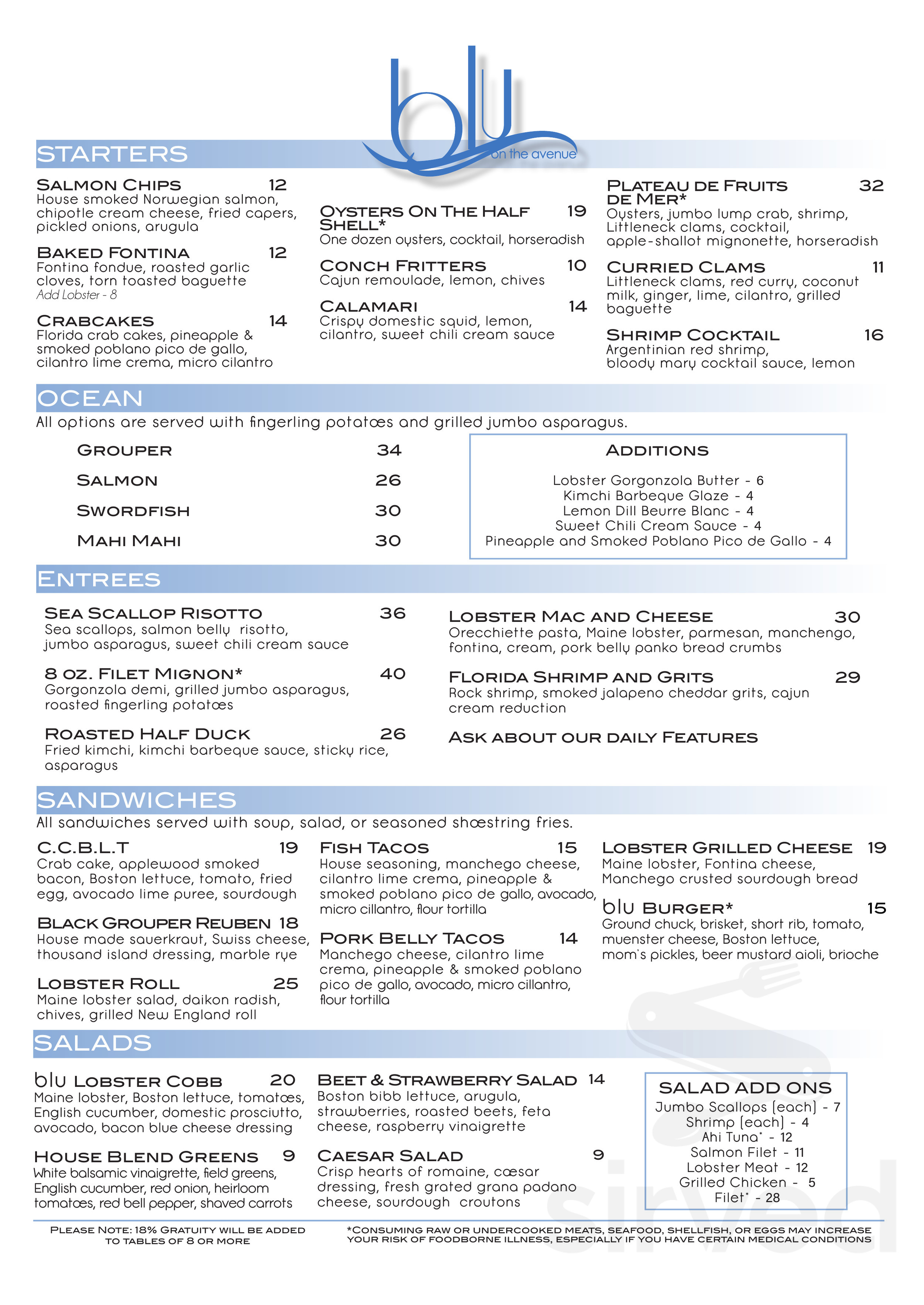 Menu for blu on the avenue in Winter Park, FL | Sirved