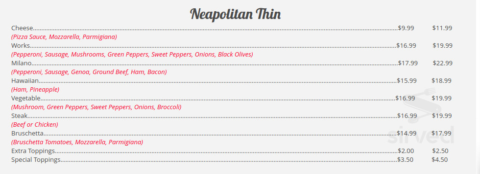 Milano Pizza & Pasta menu in Mountville, Pennsylvania