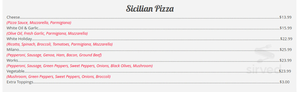 Milano Pizza & Pasta menu in Mountville, Pennsylvania