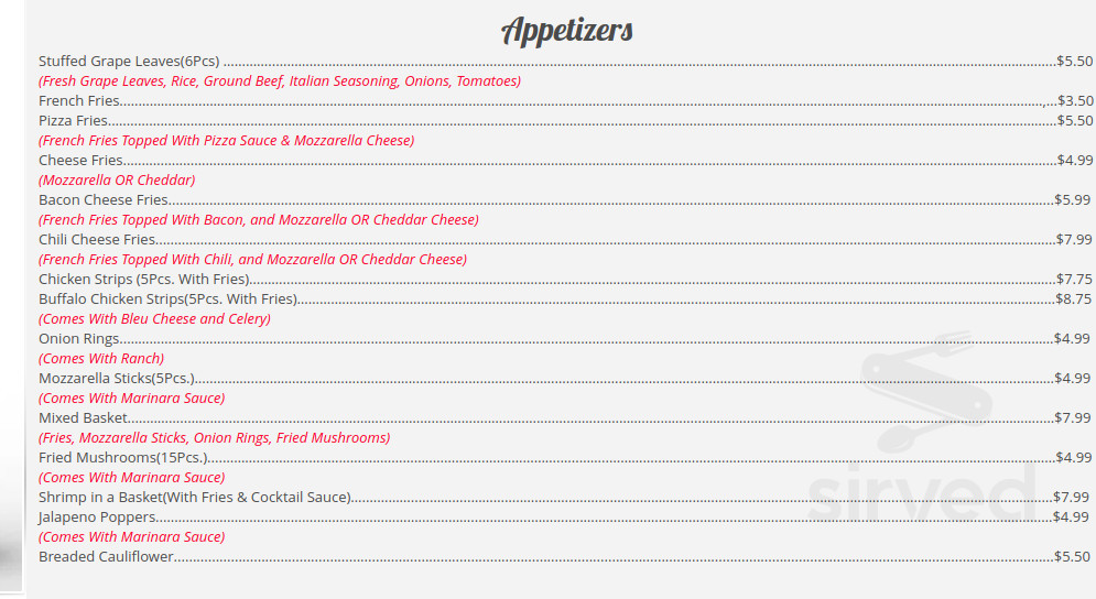 Milano Pizza & Pasta menu in Mountville, Pennsylvania