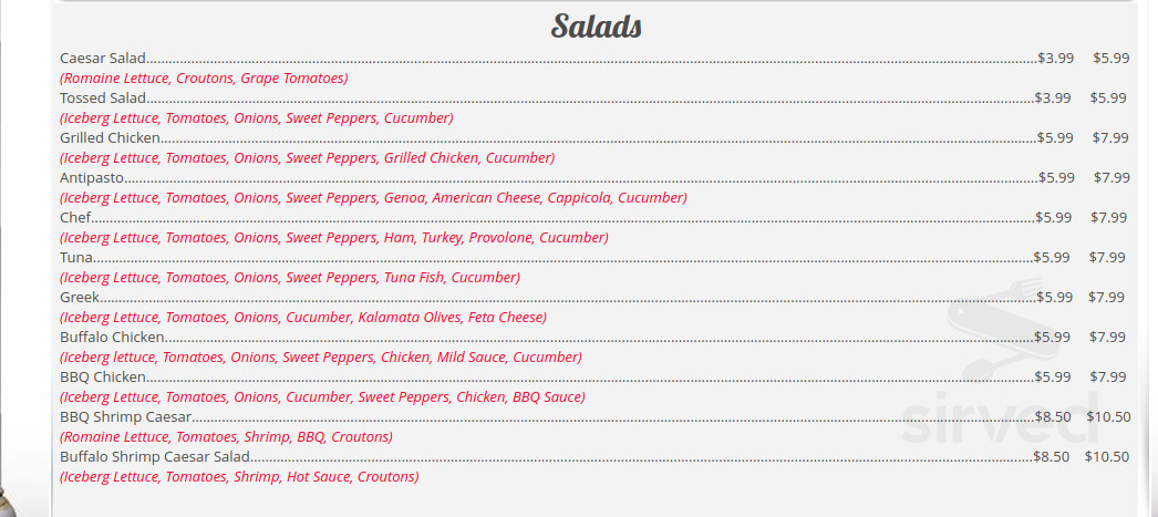 Milano Pizza & Pasta menu in Mountville, Pennsylvania