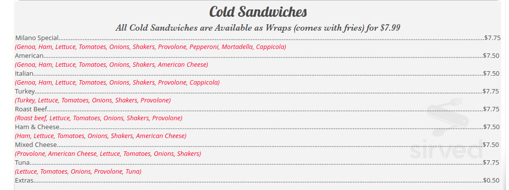Milano Pizza & Pasta menu in Mountville, Pennsylvania