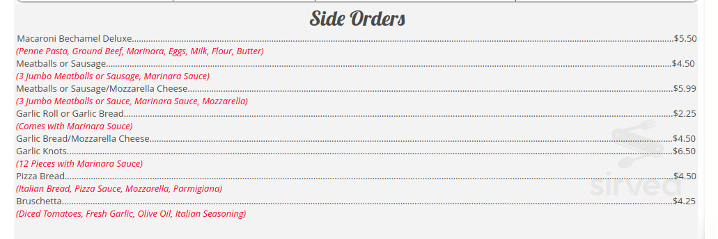 Milano Pizza & Pasta menu in Mountville, Pennsylvania