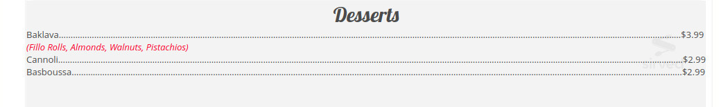 Milano Pizza & Pasta dessert menu in Mountville, Pennsylvania