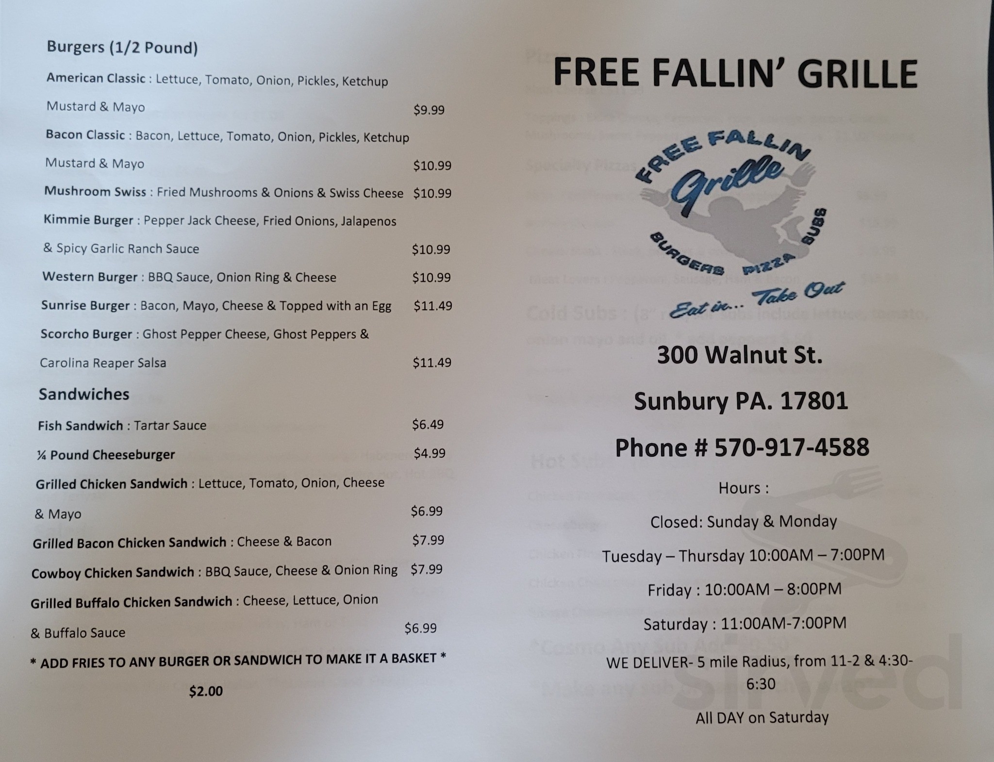 Menu for Free Fallin' Grille in Sunbury, PA Sirved