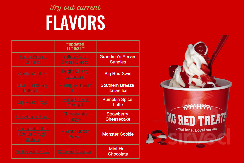 Big Red Treats menu in Grand Island, Nebraska, USA