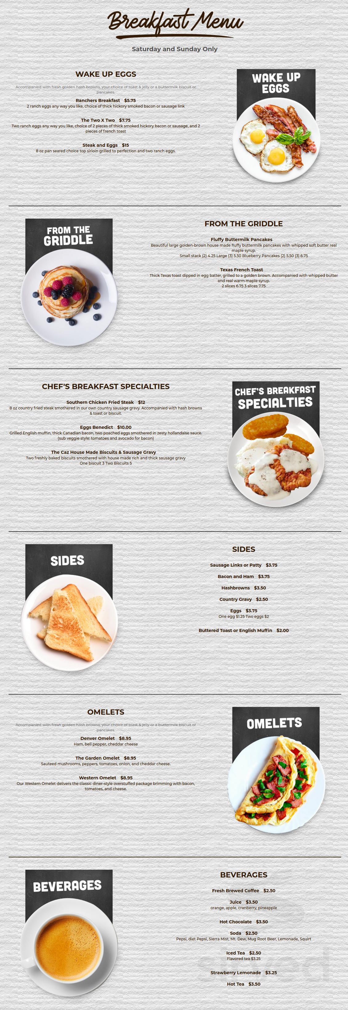 The Cazadero Steakhouse breakfast menu in Estacada, Oregon