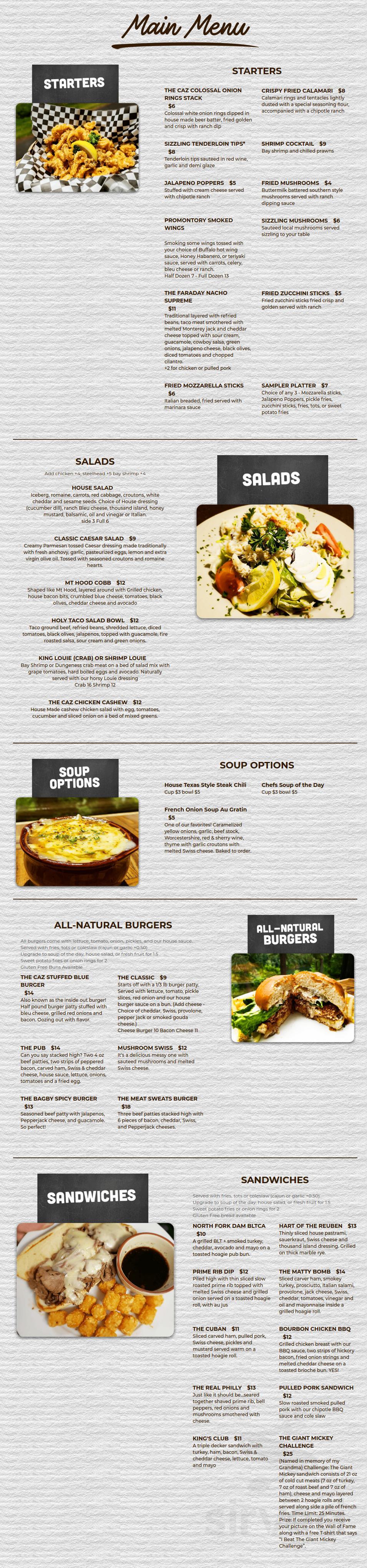 The Cazadero Steakhouse menu in Estacada, Oregon
