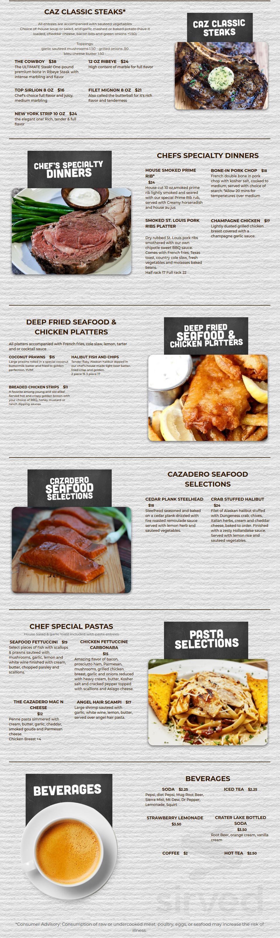 The Cazadero Steakhouse menu in Estacada, Oregon