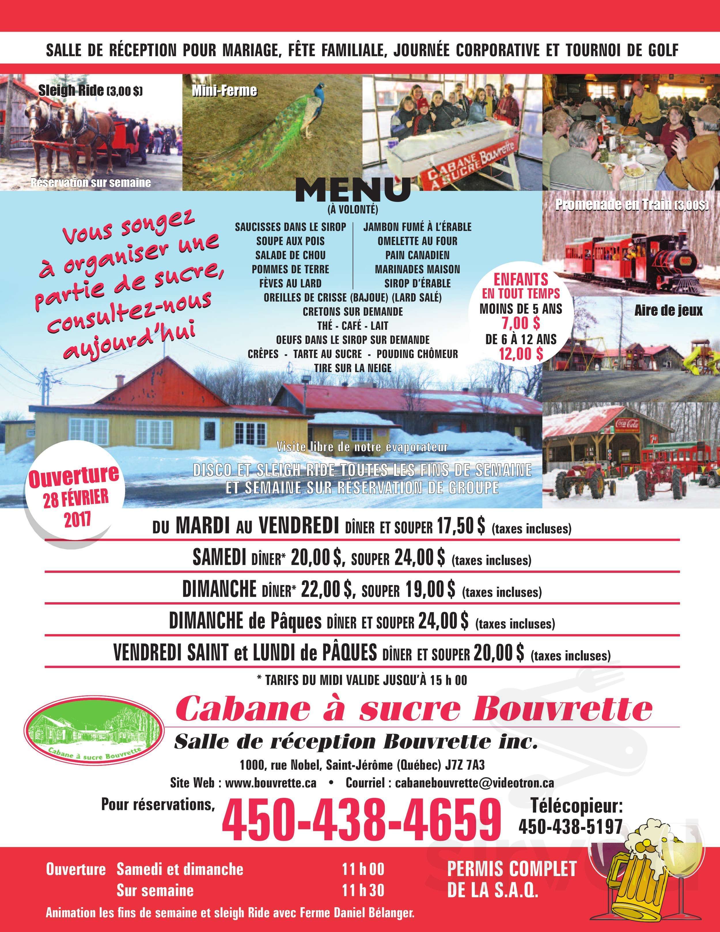 Cabane A Sucre Bouvrette menu in Saint-Jérôme, Quebec, Canada