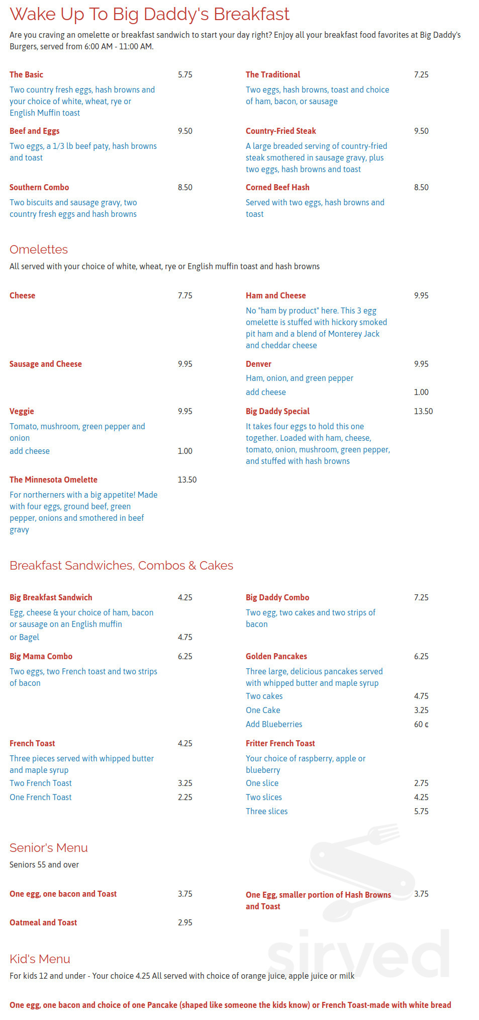 Big Daddy's Burgers breakfast menu in Duluth, Minnesota