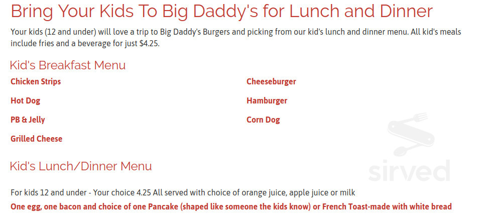 Big Daddy's Burgers kids menu in Duluth, Minnesota