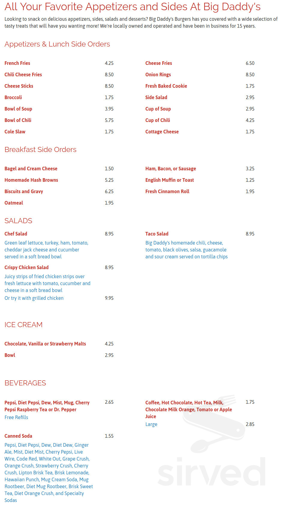 Big Daddy's Burgers menu in Duluth, Minnesota