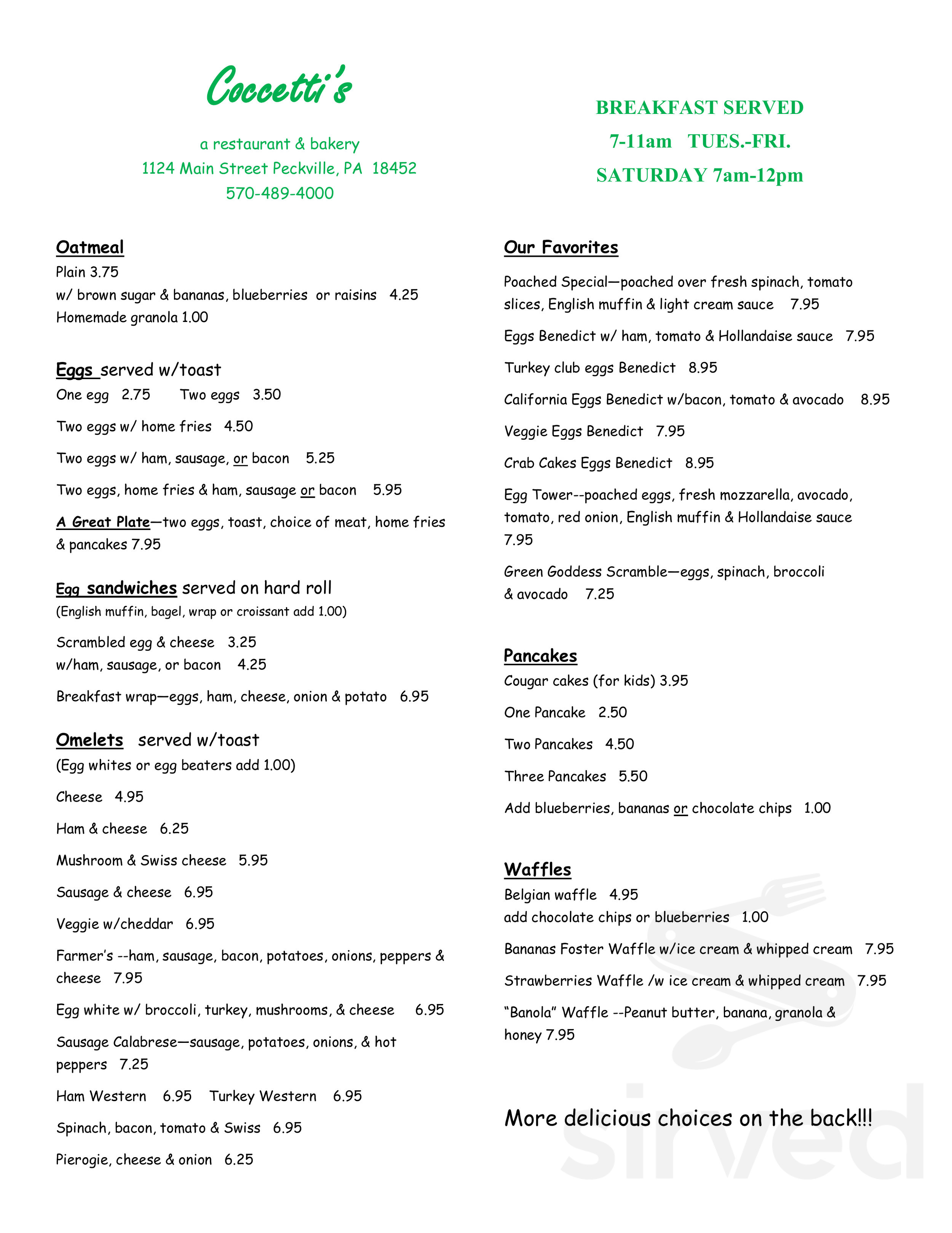 Menu for Coccetti's a restaurant & bakery in Peckville, PA | Sirved