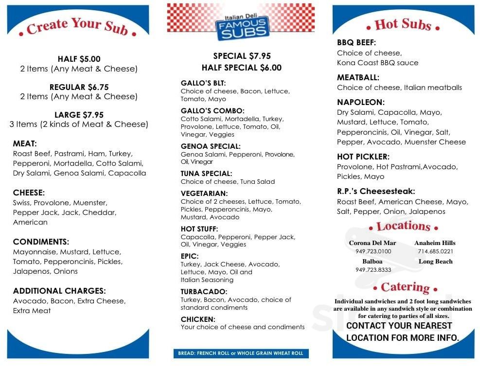 Gallo's Italian Deli Corona Del Mar menu in Corona Del Mar, California