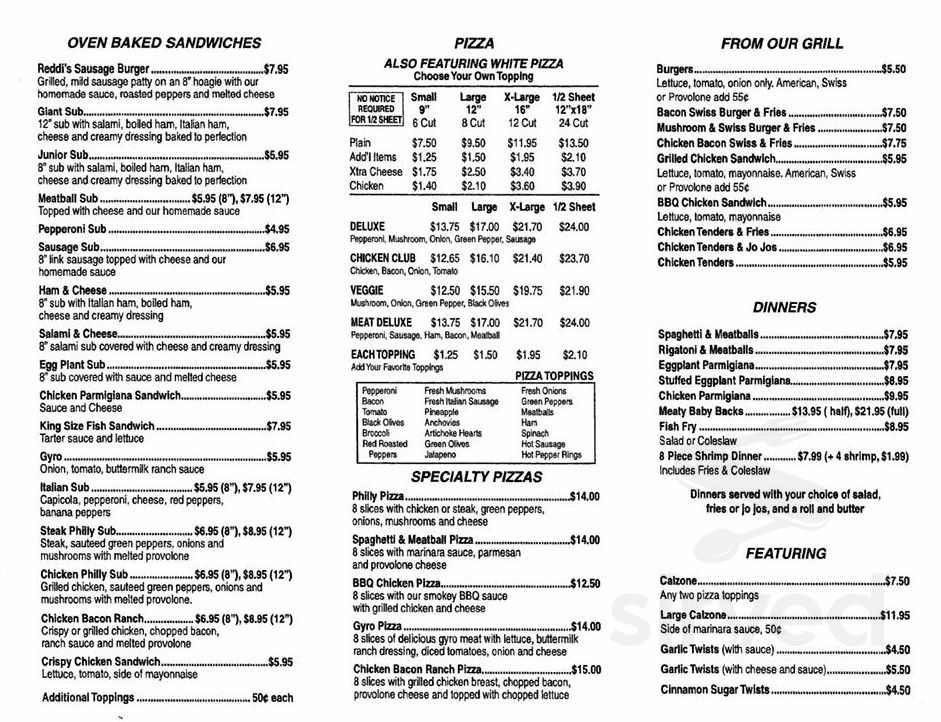Reddi's Pizza Twinsburg menu in Twinsburg, Ohio, USA