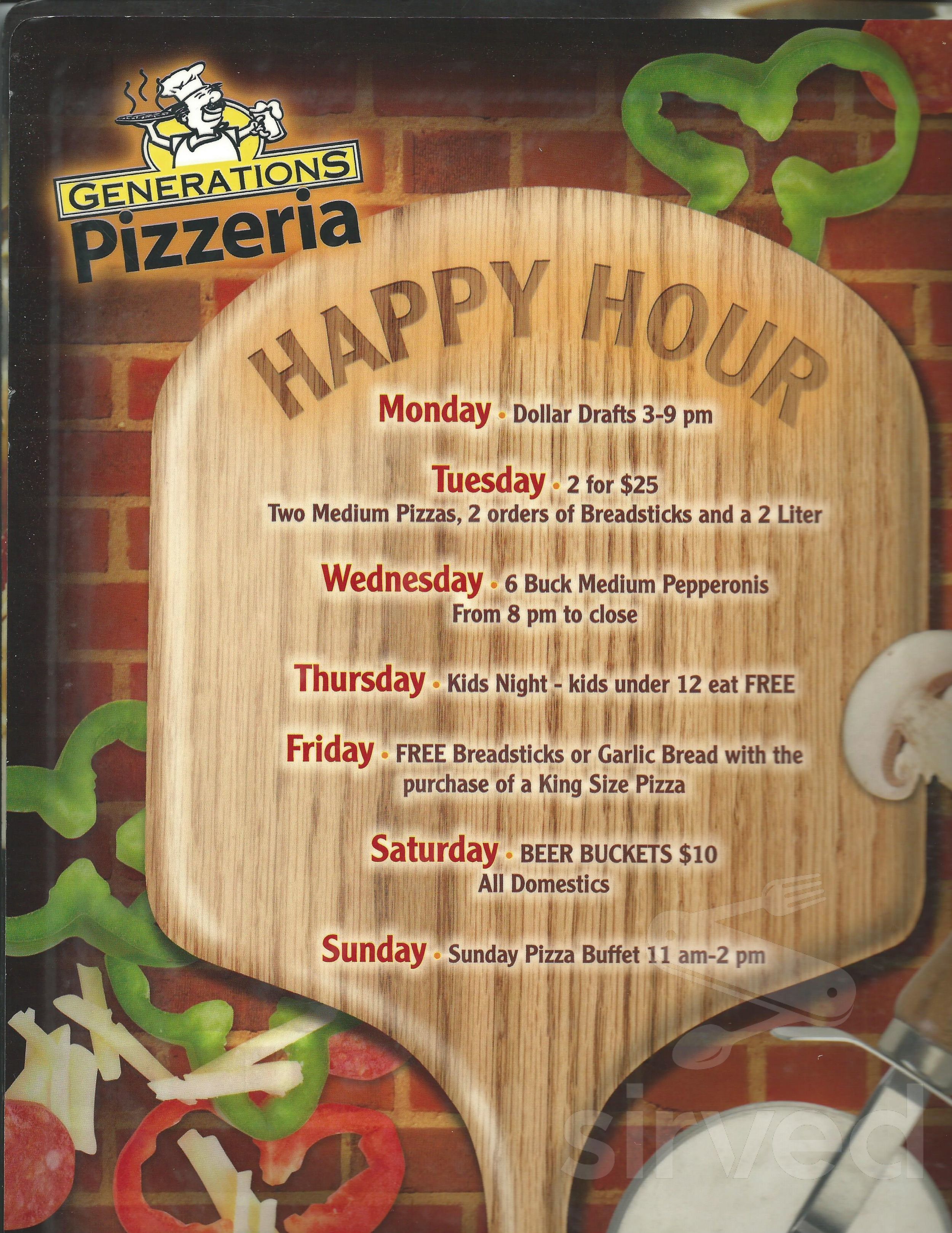 Generations Menu Generations Pizzeria menu in Wilmington, Ohio, USA