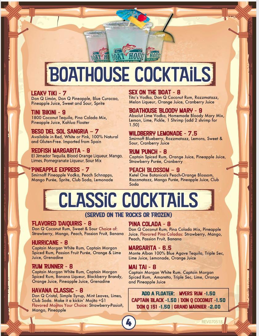 The Boathouse Tiki Bar & Grill Fort Myers menu in Fort Myers, Florida, USA