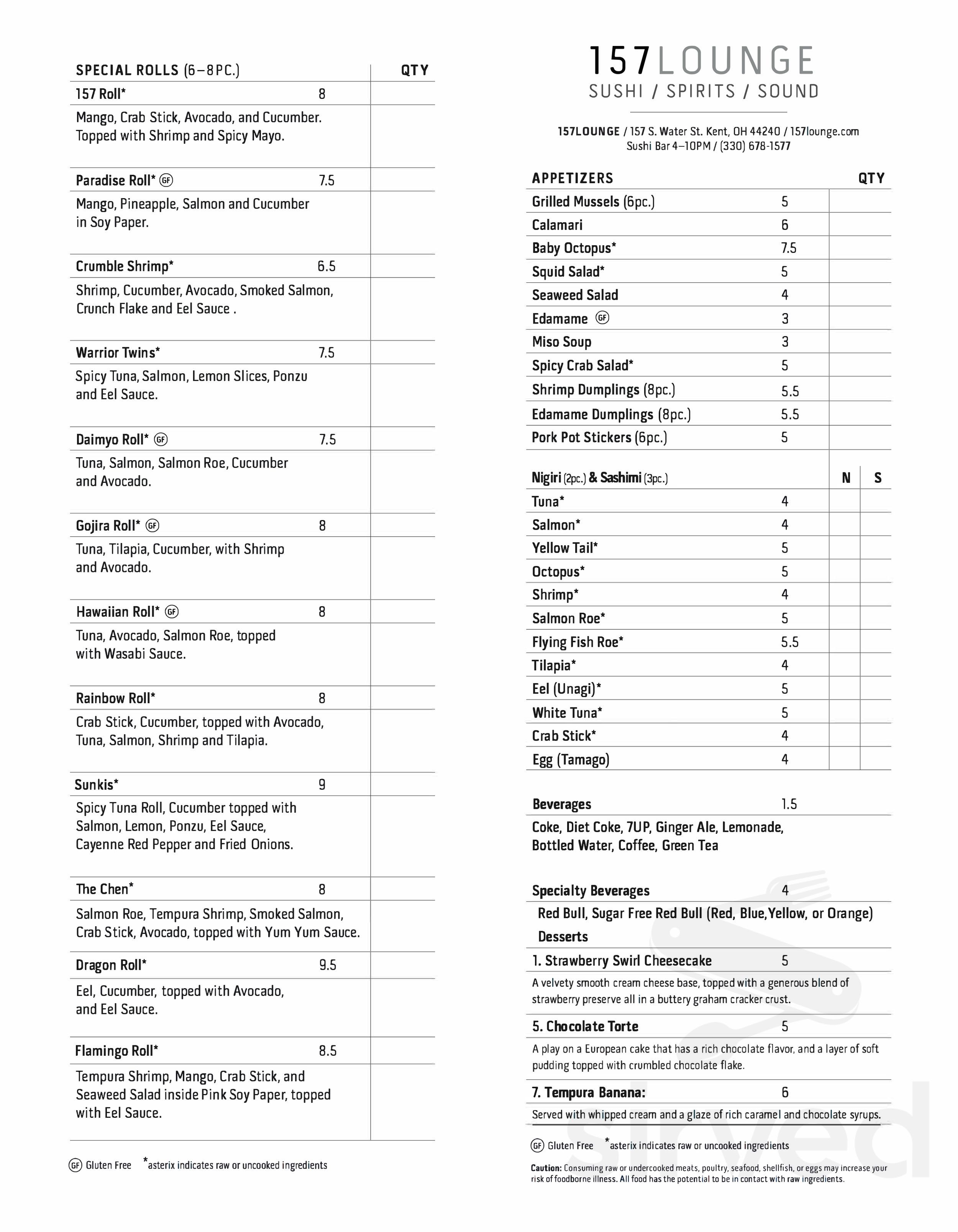 Menu - Kent OH's 157 Lounge | Sirved